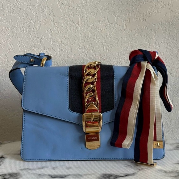 Gucci Sylvia Blue and Gold Crossbody Bag with Chain Detail - Picture 1 of 16